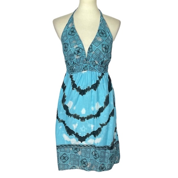 Gap Dress Women Small Blue Teal Tie Dye Print V-Neck Halter Backless 100% Cotton - Picture 1 of 11